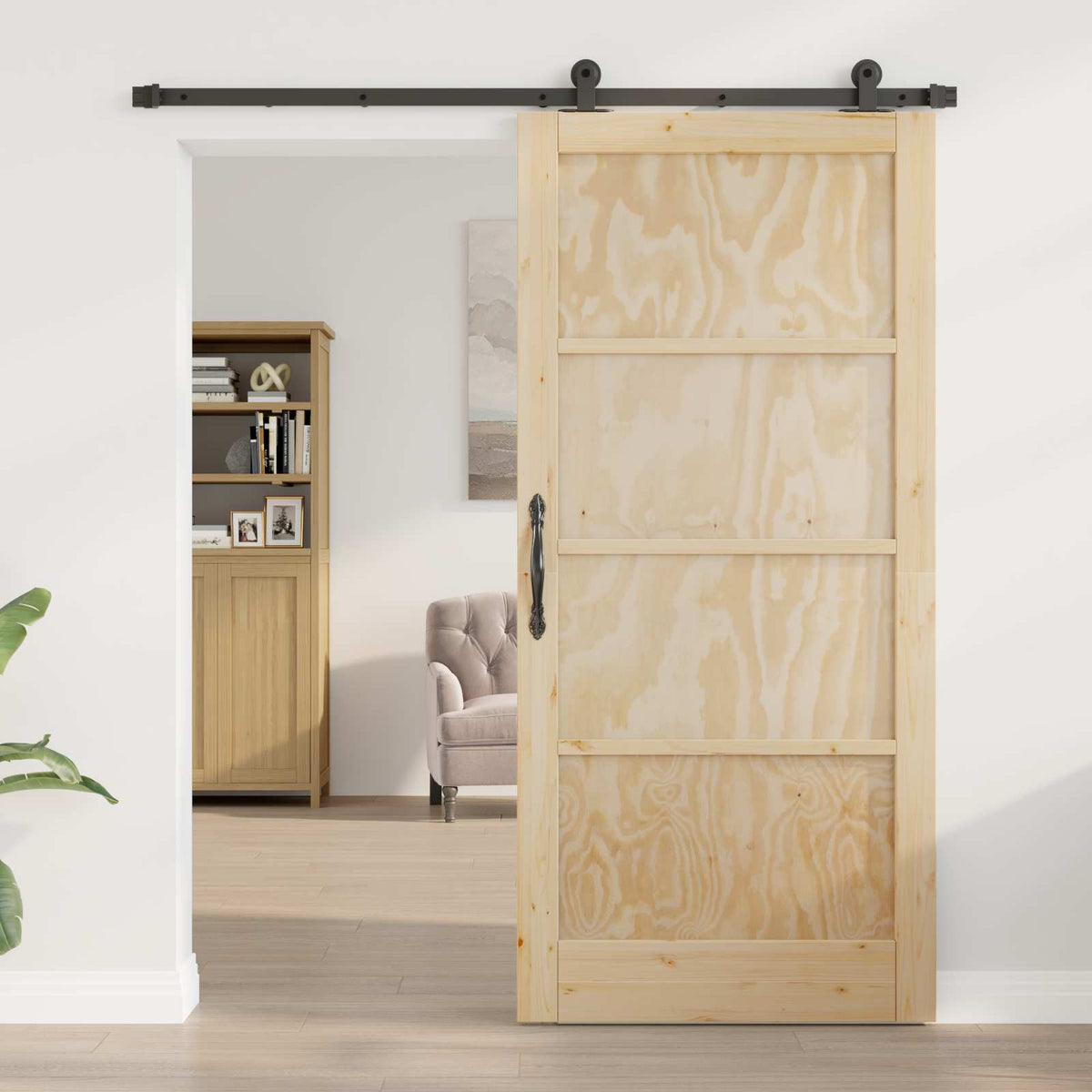 Συρόμενη Πόρτα 93 x 202 cm Επεξεργασμένο Ξύλο Φυσικό και Μαύρο