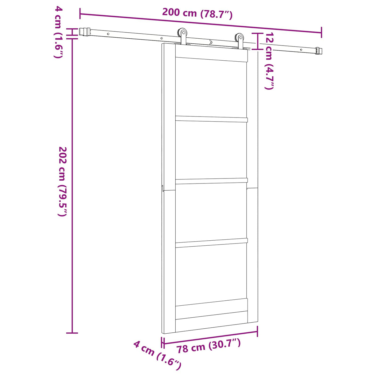Συρόμενη Πόρτα 78 x 202 cm Επεξεργασμένο Ξύλο Λευκό και Μαύρο - Pakobazaar