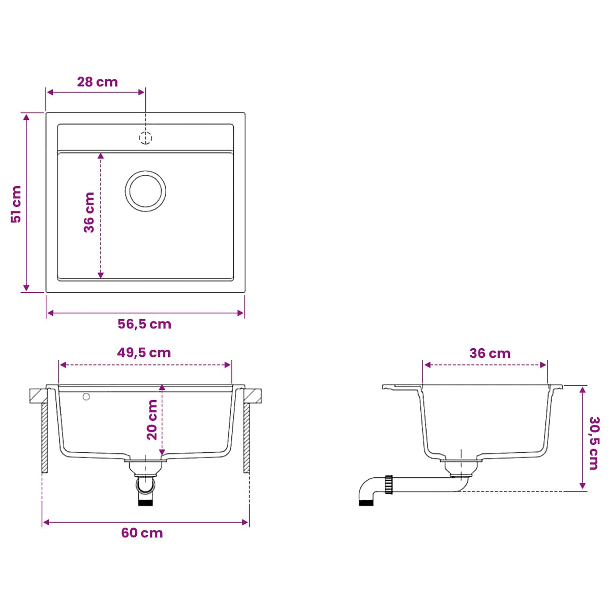 Νεροχύτης Κουζίνας Μία Γούρνα Γρανίτης 60 x 51 x 30,5 εκ.