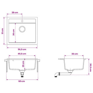 Νεροχύτης Κουζίνας Μία Γούρνα Γρανίτης 60 x 51 x 30,5 εκ.