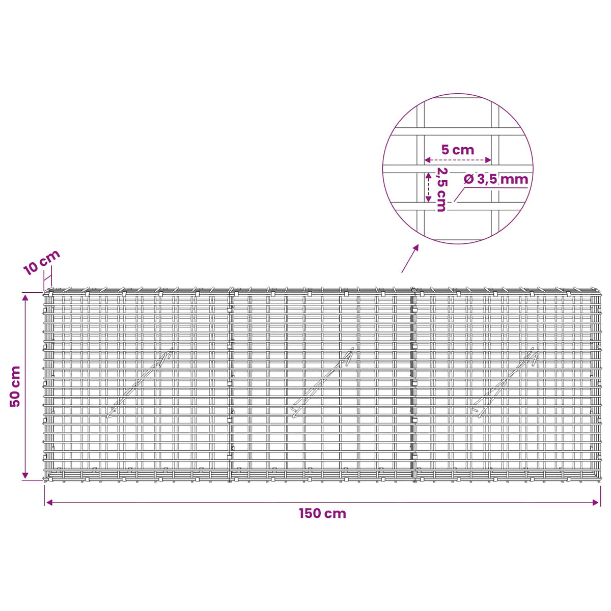 Γκαμπιόν με σύρμα 3,5 χλστ και πλέγμα 5x2,5 εκ 150x10x50 εκ - Pakobazaar