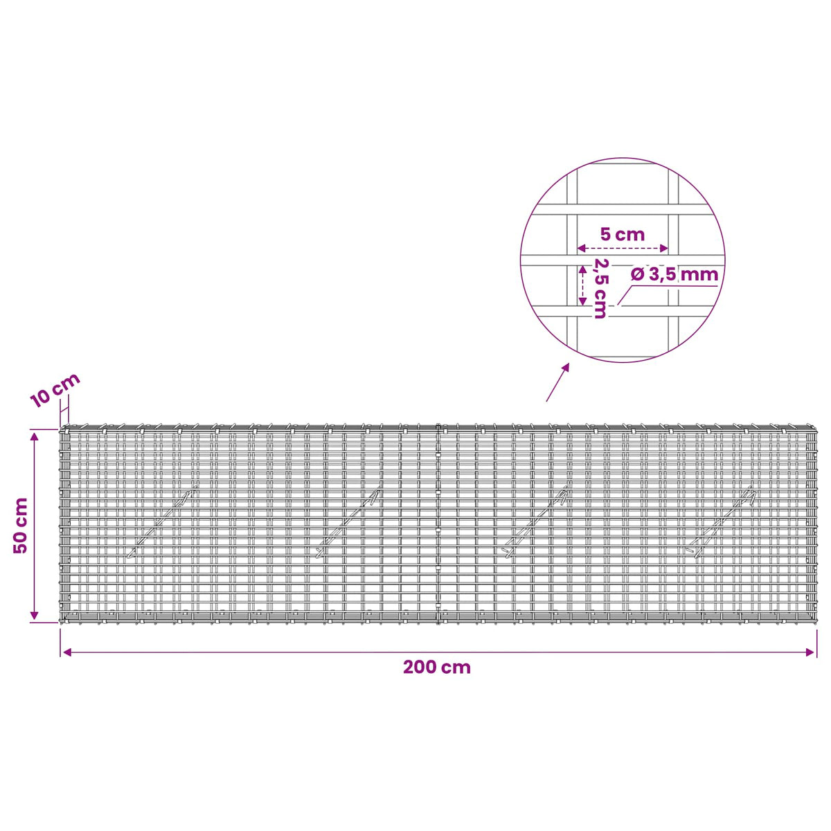 Γκαμπιόν με σύρμα 3,5 χλστ και πλέγμα 5x2,5 εκ 200x10x50 εκ - Pakobazaar