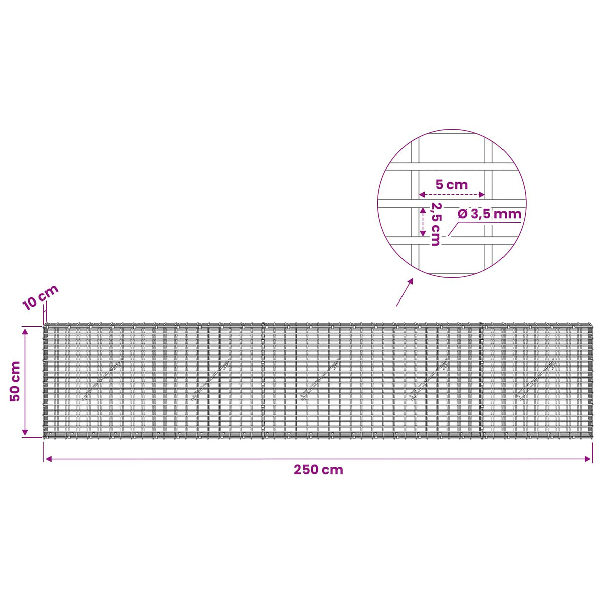 Γκαμπιόν με σύρμα 3,5 χλστ και πλέγμα 5x2,5 εκ 250x10x50 εκ - Pakobazaar