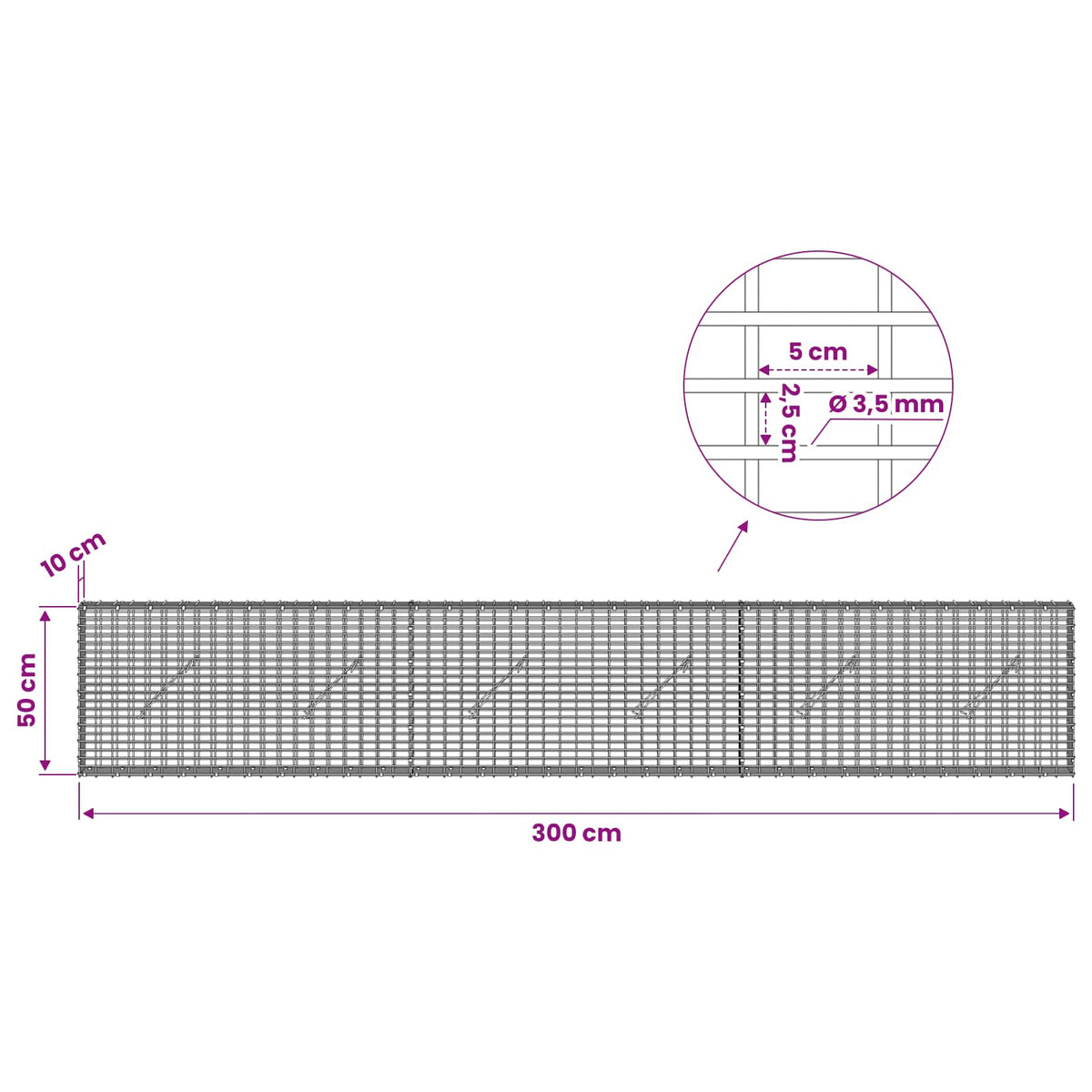 Γκαμπιόν με σύρμα 3,5 χλστ και πλέγμα 5x2,5 εκ 300x10x50 εκ - Pakobazaar