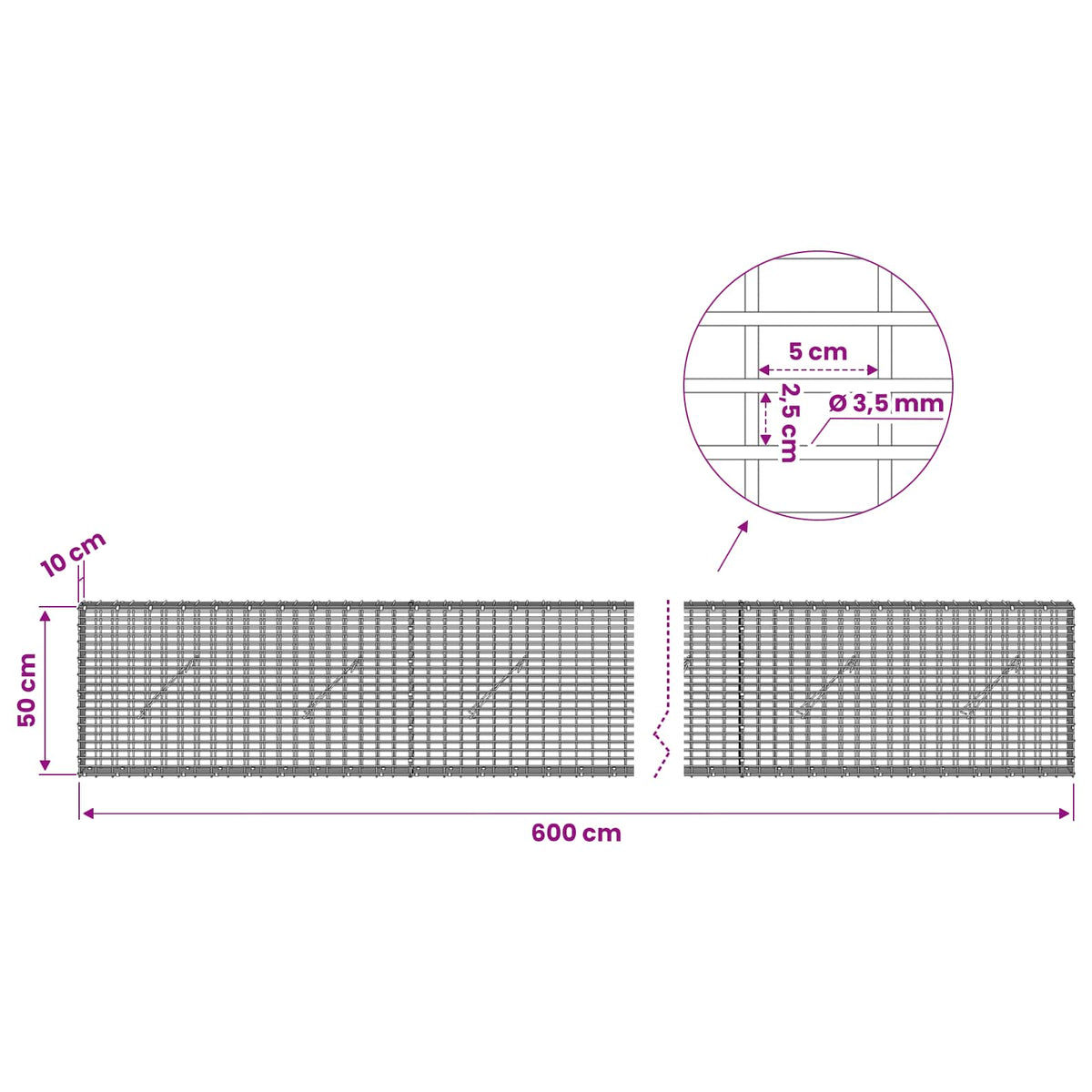 Γκαμπιόν με σύρμα 3,5 χλστ και πλέγμα 5x2,5 εκ 600x10x50 εκ - Pakobazaar