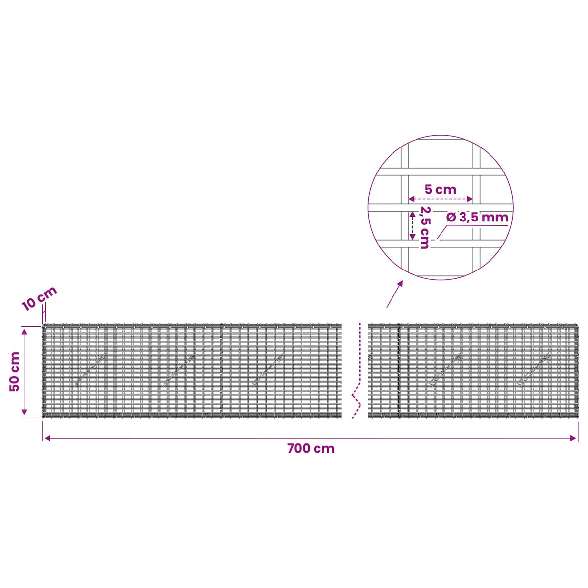 Γκαμπιόν με σύρμα 3,5 χλστ και πλέγμα 5x2,5 εκ 700x10x50 εκ. - Pakobazaar
