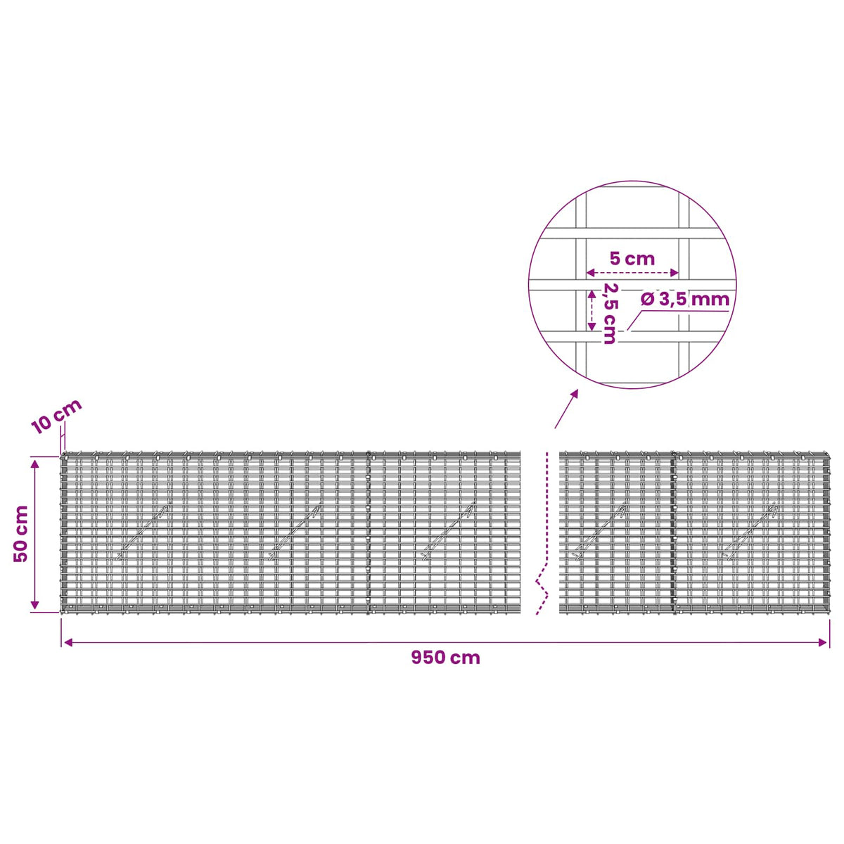 Γκαμπιόν με σύρμα 3,5 χλστ και πλέγμα 5x2,5 εκ 950x10x50 εκ - Pakobazaar