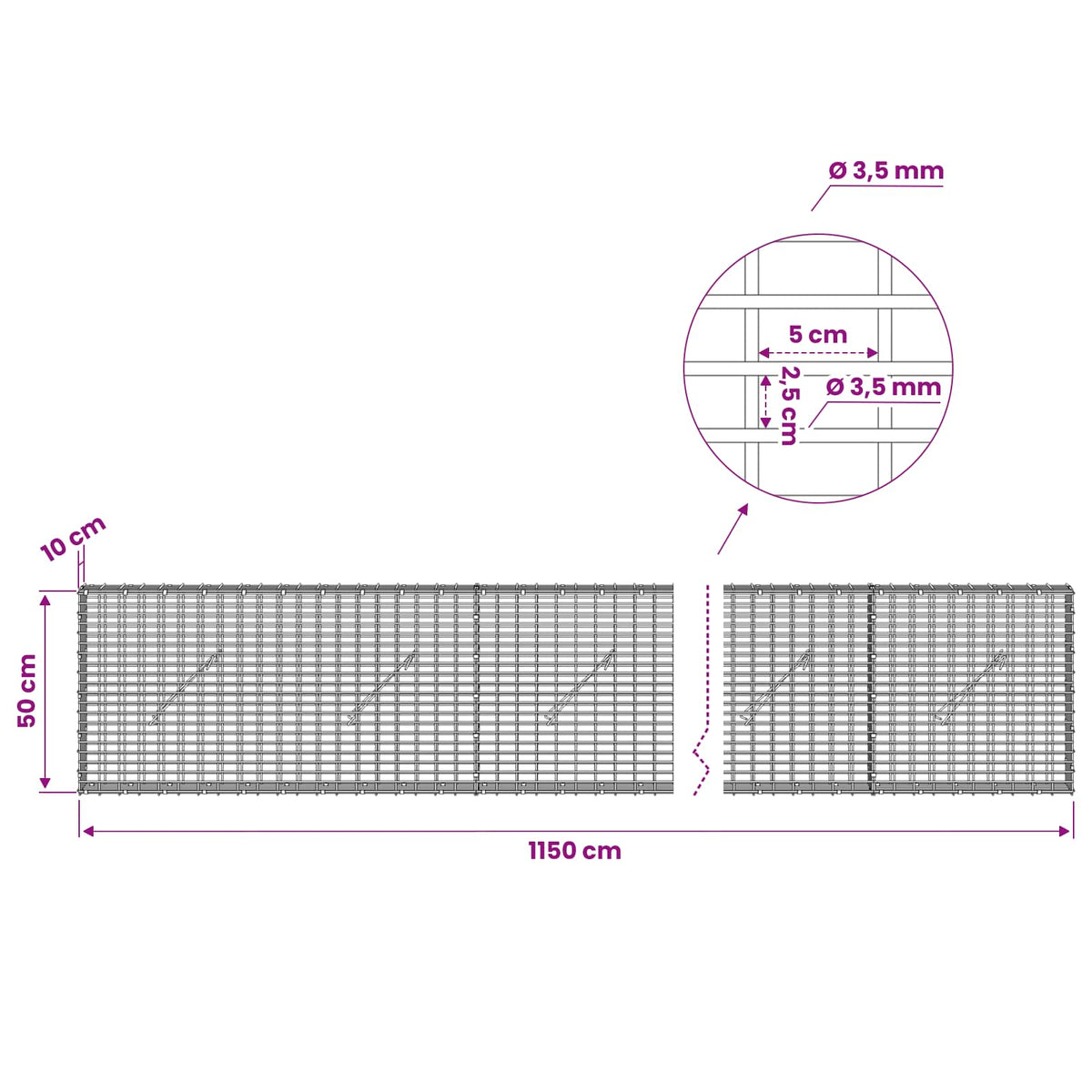 Γκαμπιόν με σύρμα 3,5 χλστ και πλέγμα 5x2,5 εκ 1150x10x50 εκ