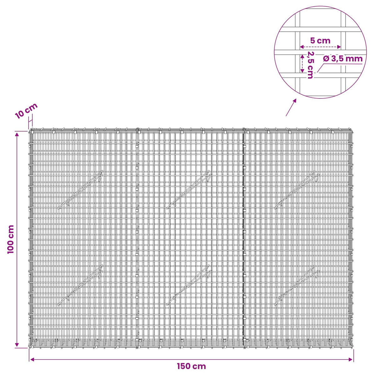 Γκαμπιόν με σύρμα 3,5 χλστ και πλέγμα 5x2,5 εκ 150x10x100 εκ - Pakobazaar