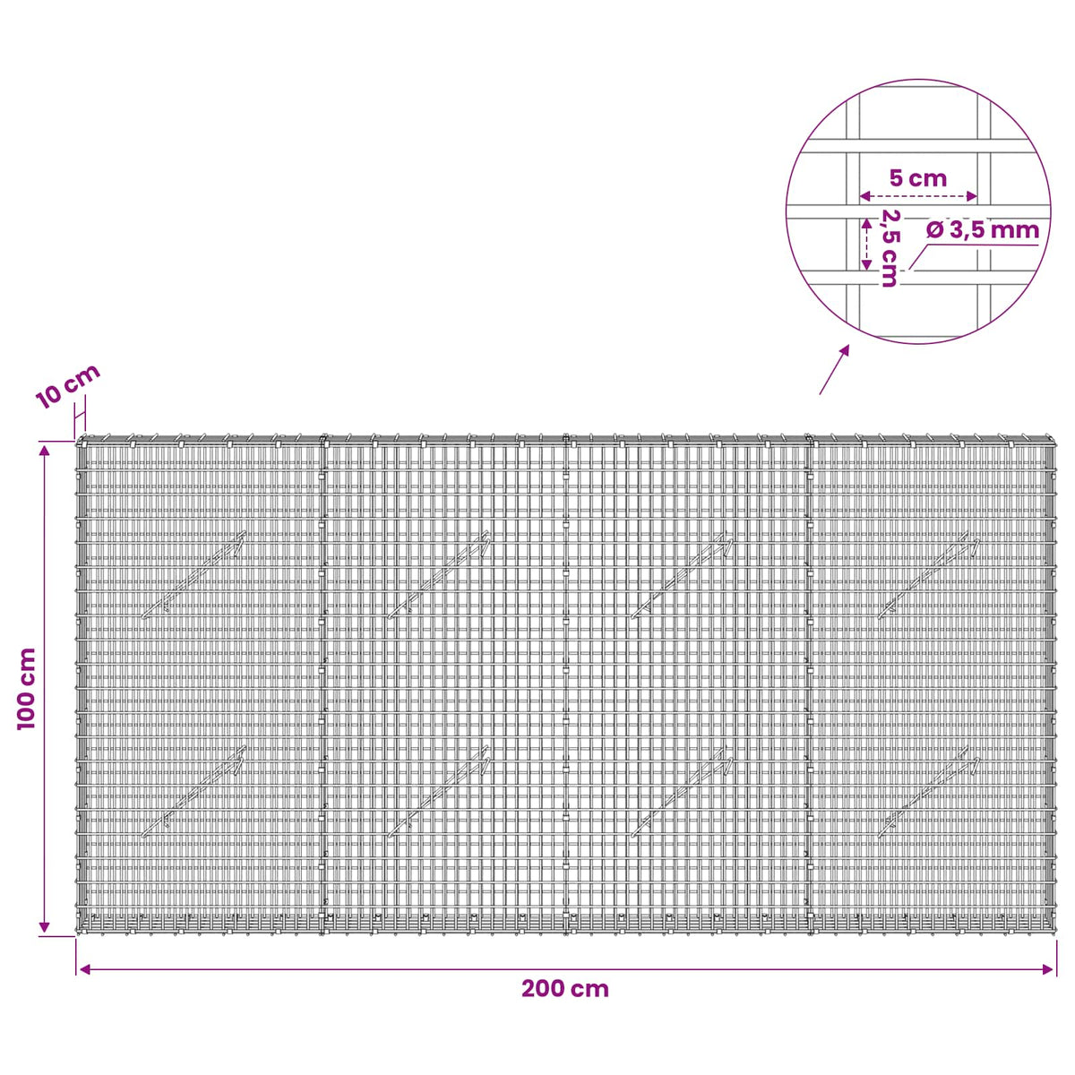 Γκαμπιόν με σύρμα 3,5 χλστ και πλέγμα 5x2,5 εκ 200x10x100 εκ