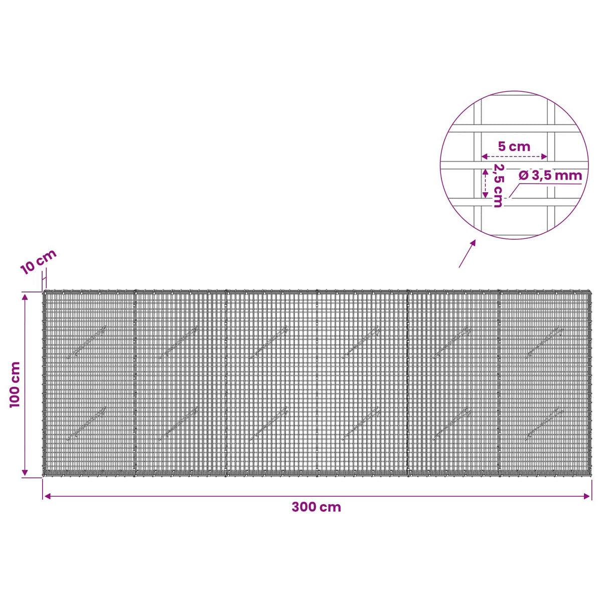 Γκαμπιόν με σύρμα 3,5 χλστ και πλέγμα 5x2,5 εκ 300x10x100 εκ - Pakobazaar
