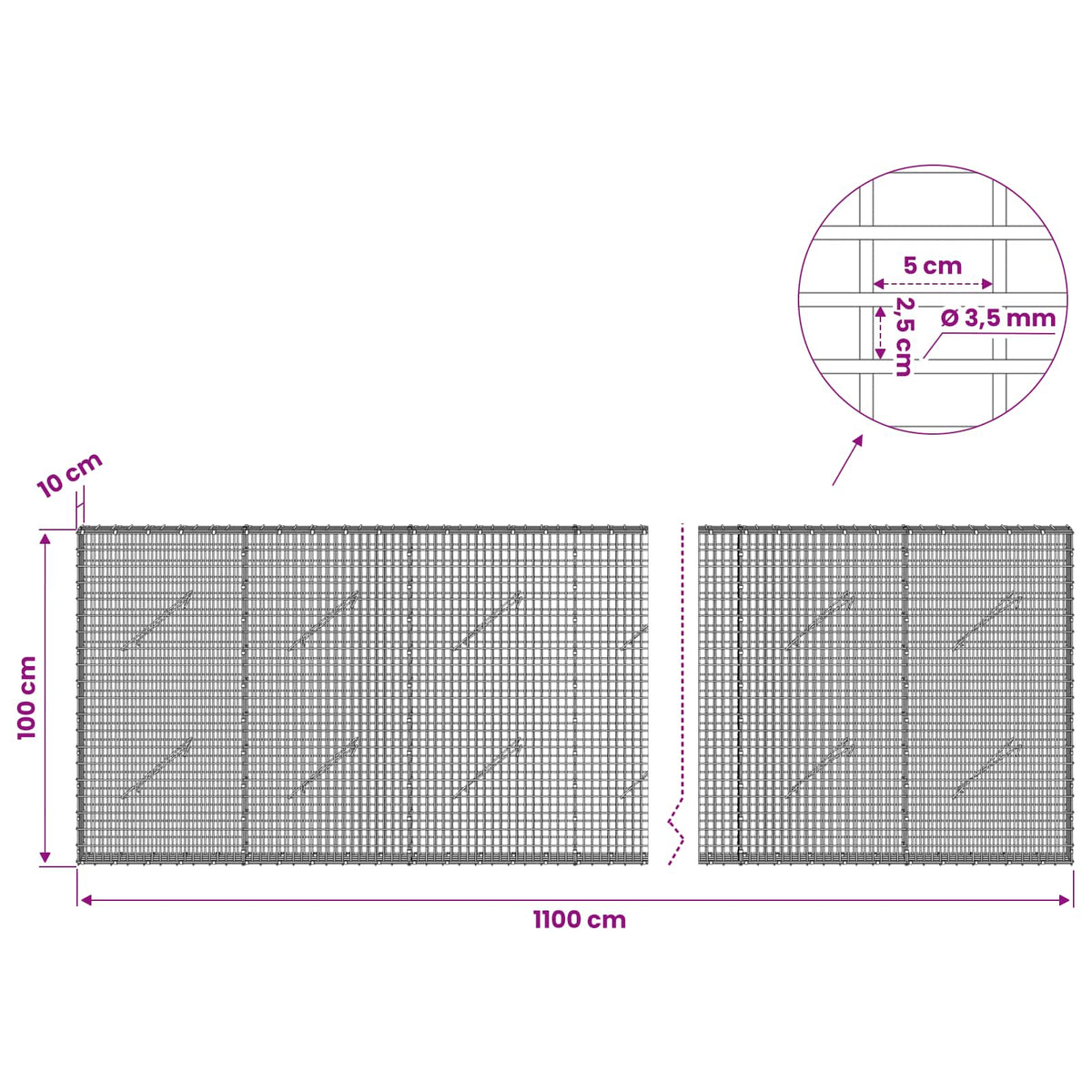 Γκαμπιόν με σύρμα 3,5 χλστ και πλέγμα 5x2,5 εκ 1100x10x100 εκ - Pakobazaar