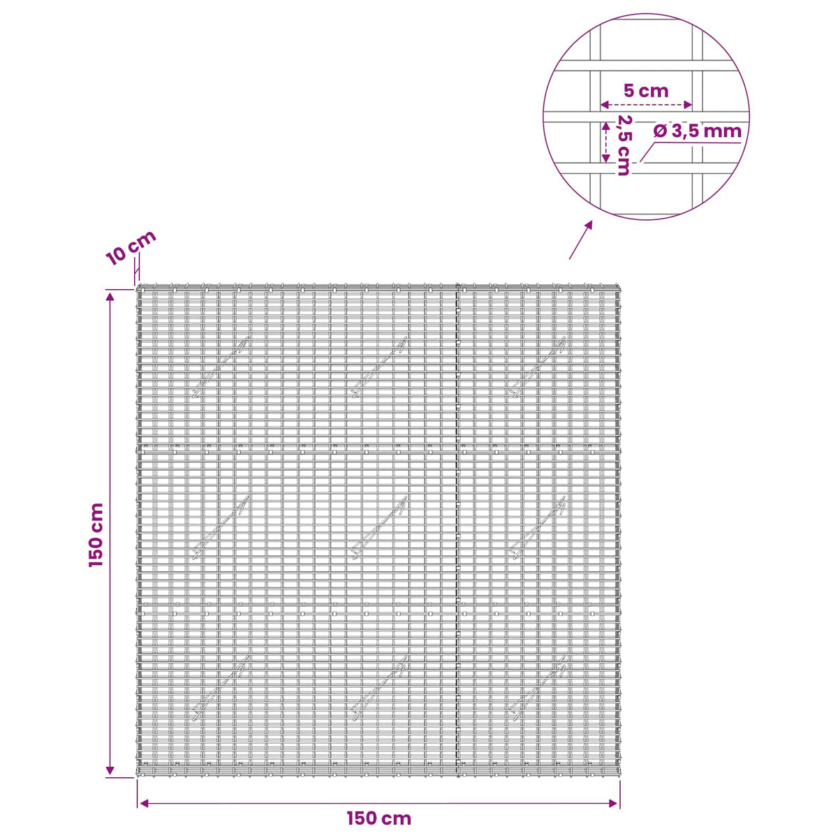 Γκαμπιόν με σύρμα 3,5 χλστ και πλέγμα 5x2,5 εκ 150x10x150 εκ - Pakobazaar