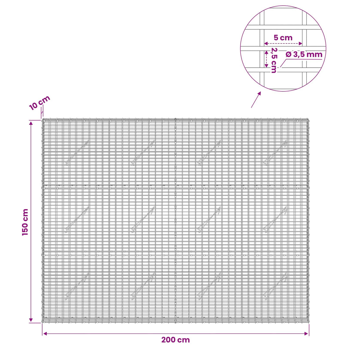 Γκαμπιόν με σύρμα 3,5 χλστ και πλέγμα 5x2,5 εκ 200x10x150 εκ - Pakobazaar