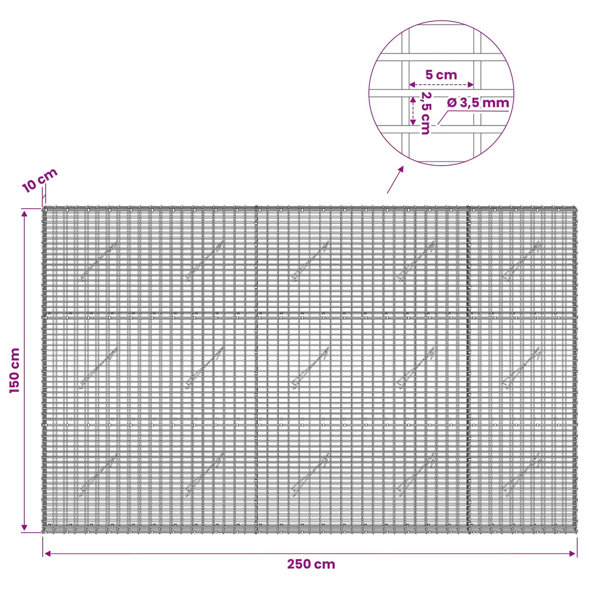 Γκαμπιόν με σύρμα 3,5 χλστ και πλέγμα 5x2,5 εκ 250x10x150 εκ - Pakobazaar