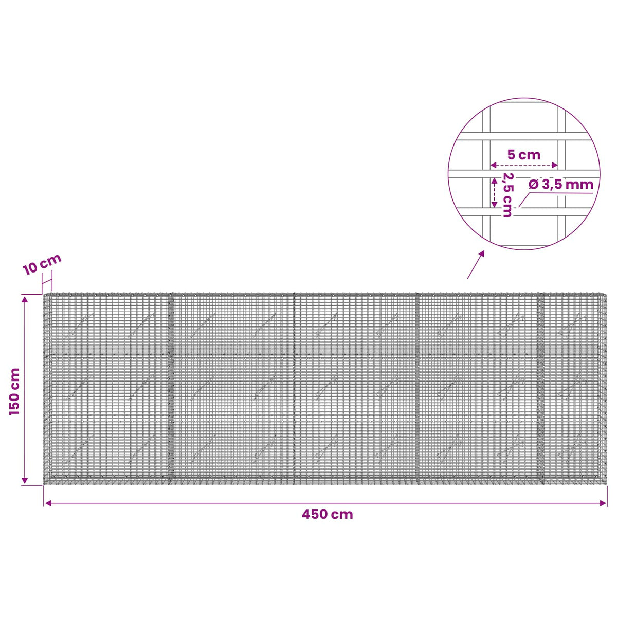 Γκαμπιόν με σύρμα 3,5 χλστ και πλέγμα 5x2,5 εκ 450x10x150 εκ - Pakobazaar