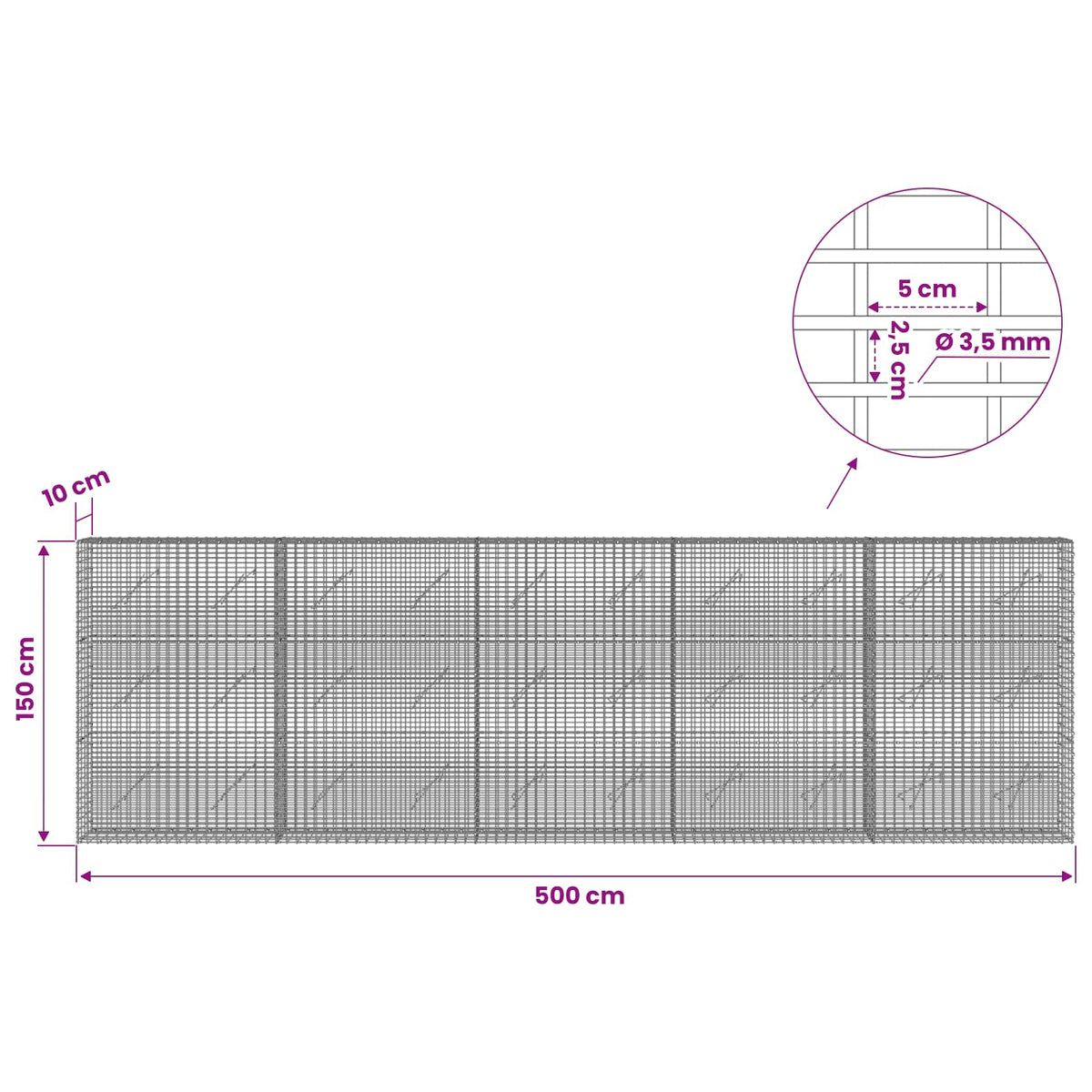 Γκαμπιόν με σύρμα 3,5 χλστ και πλέγμα 5x2,5 εκ 500x10x150 εκ - Pakobazaar