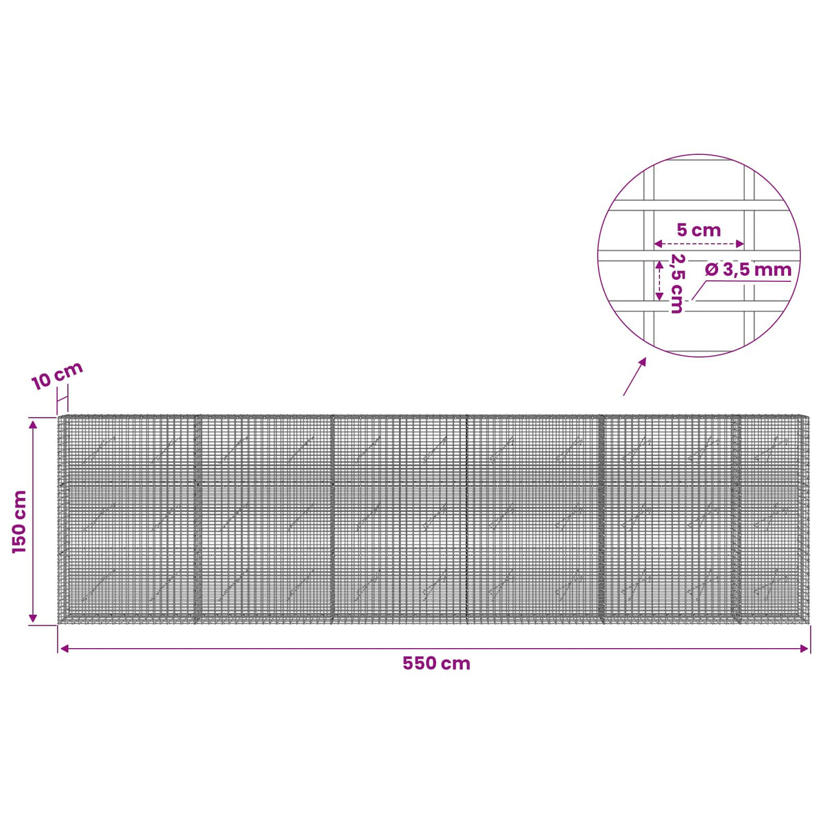 Γκαμπιόν με σύρμα 3,5 χλστ και πλέγμα 5x2,5 εκ 550x10x150 εκ