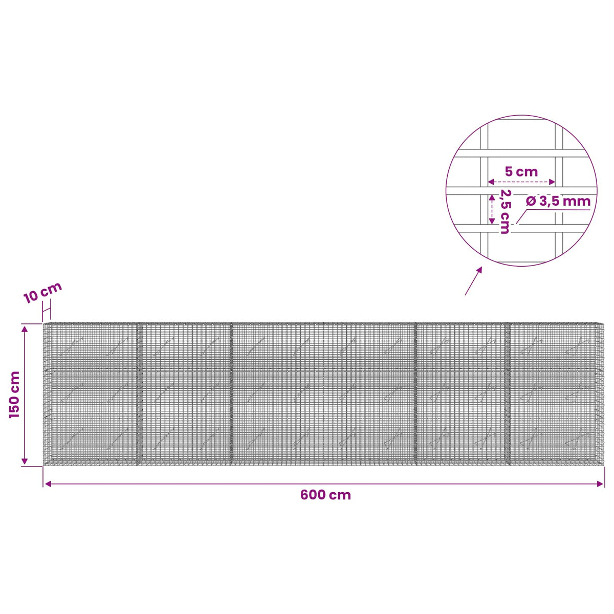 Γκαμπιόν με σύρμα 3,5 χλστ και πλέγμα 5x2,5 εκ 600x10x150 εκ - Pakobazaar