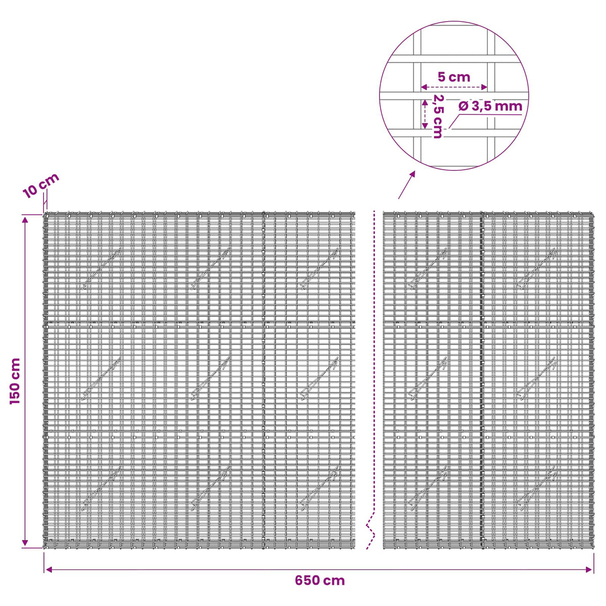 Γκαμπιόν με σύρμα 3,5 χλστ και πλέγμα 5x2,5 εκ 650x10x150 εκ - Pakobazaar