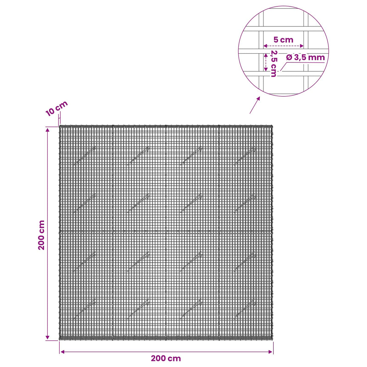 Γκαμπιόν με σύρμα 3,5 χλστ και πλέγμα 5x2,5 εκ 200x10x200 εκ - Pakobazaar