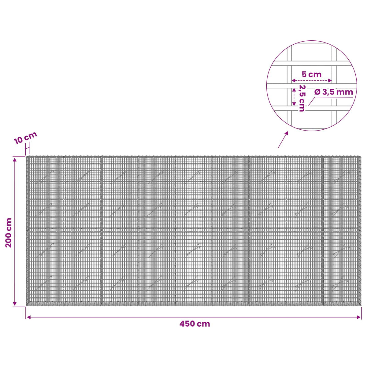 Γκαμπιόν με σύρμα 3,5 χλστ και πλέγμα 5x2,5 εκ 450x10x200 εκ - Pakobazaar