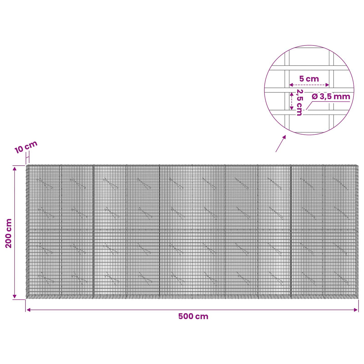Γκαμπιόν με σύρμα 3,5 χλστ και πλέγμα 5x2,5 εκ 500x10x200 εκ - Pakobazaar