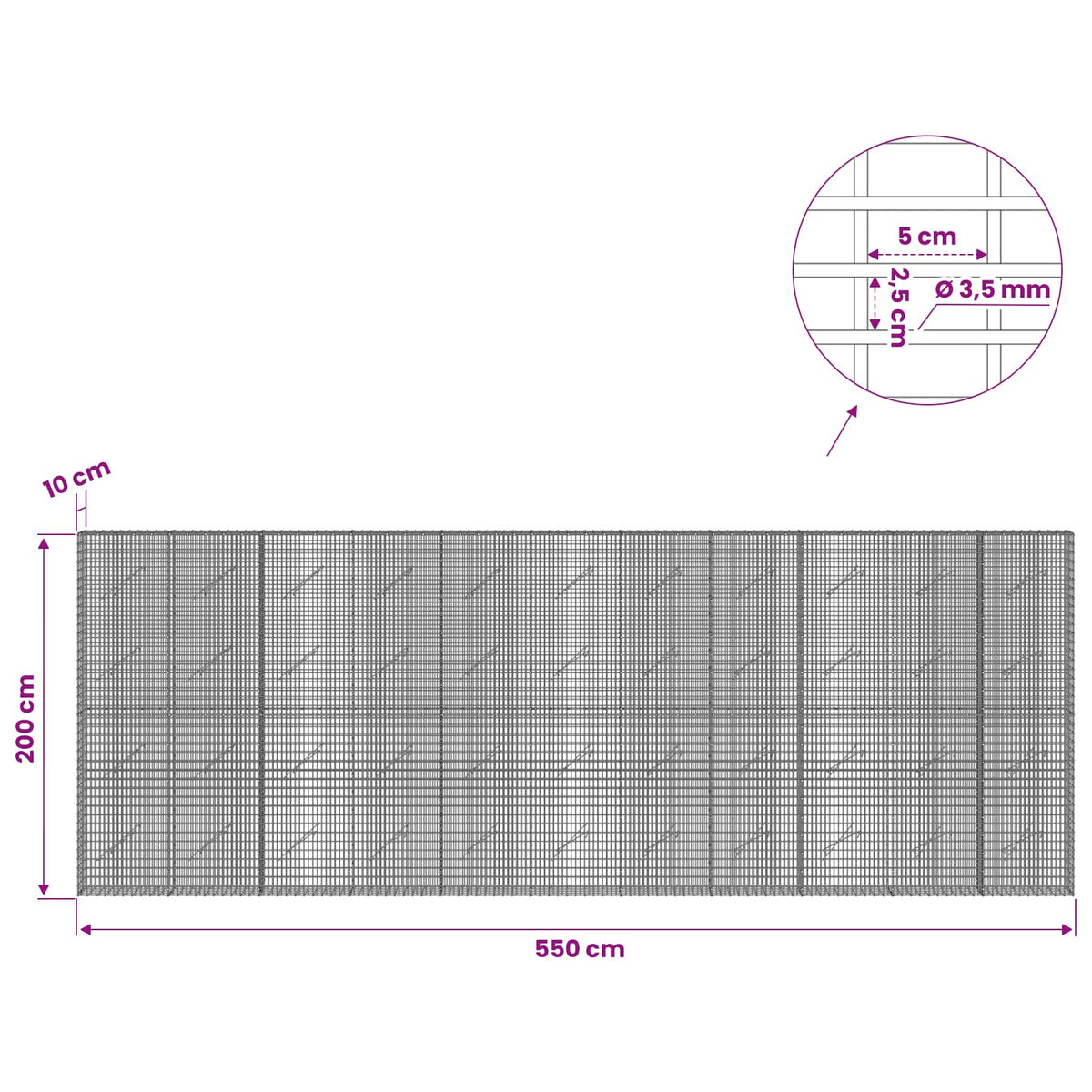 Γκαμπιόν με σύρμα 3,5 χλστ και πλέγμα 5x2,5 εκ 550x10x200 εκ - Pakobazaar