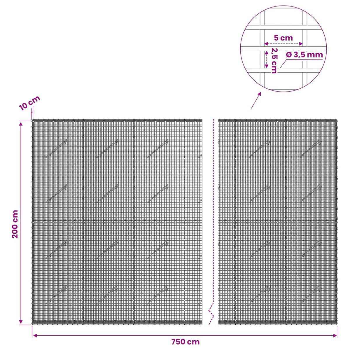 Γκαμπιόν με σύρμα 3,5 χλστ και πλέγμα 5x2,5 εκ 750x10x200 εκ