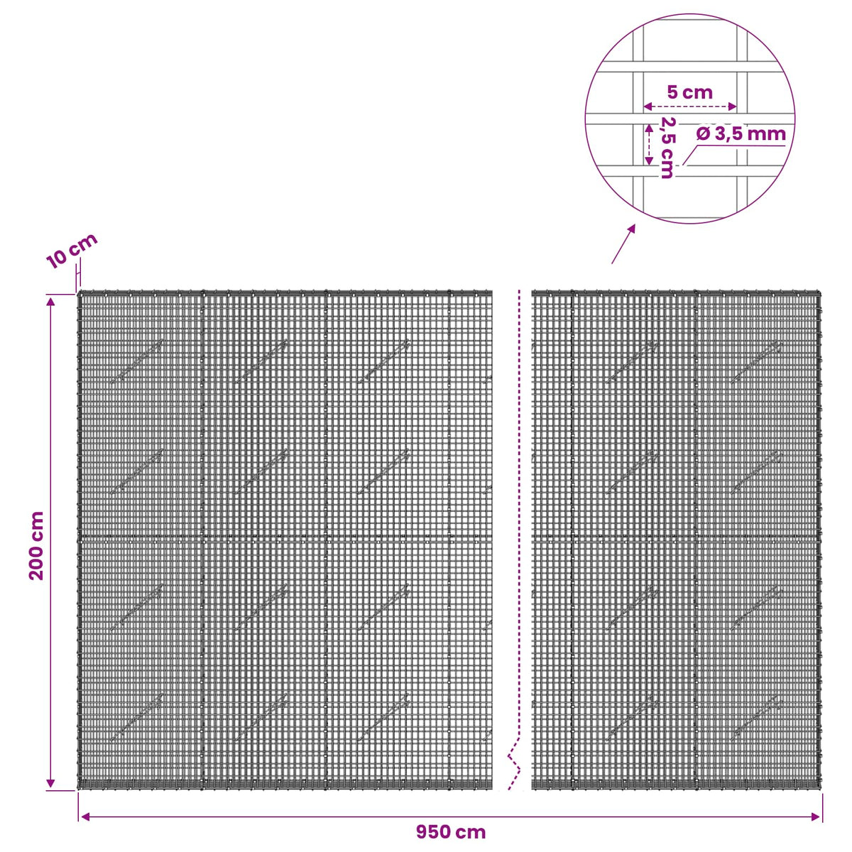 Γκαμπιόν με σύρμα 3,5 χλστ και πλέγμα 5x2,5 εκ 950x10x200 εκ - Pakobazaar