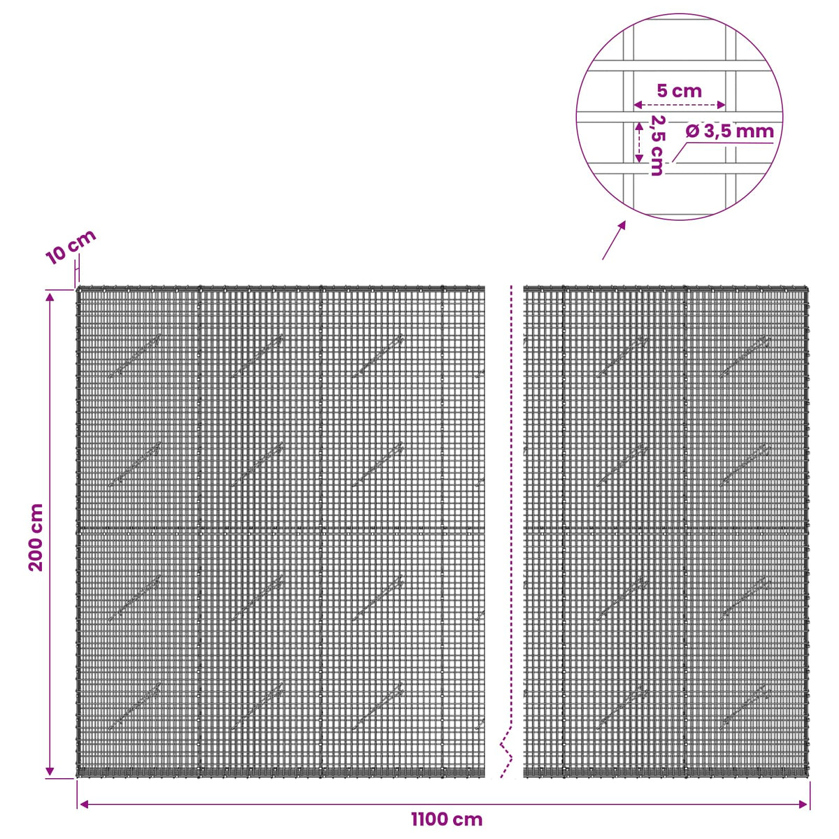 Γκαμπιόν με σύρμα 3,5 χλστ και πλέγμα 5x2,5 εκ 1100x10x200 εκ - Pakobazaar