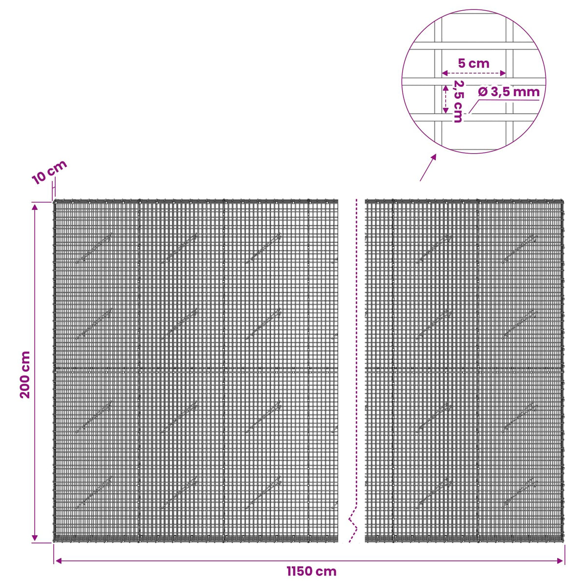 Γκαμπιόν με σύρμα 3,5 χλστ και πλέγμα 5x2,5 εκ 1150x10x200 εκ - Pakobazaar