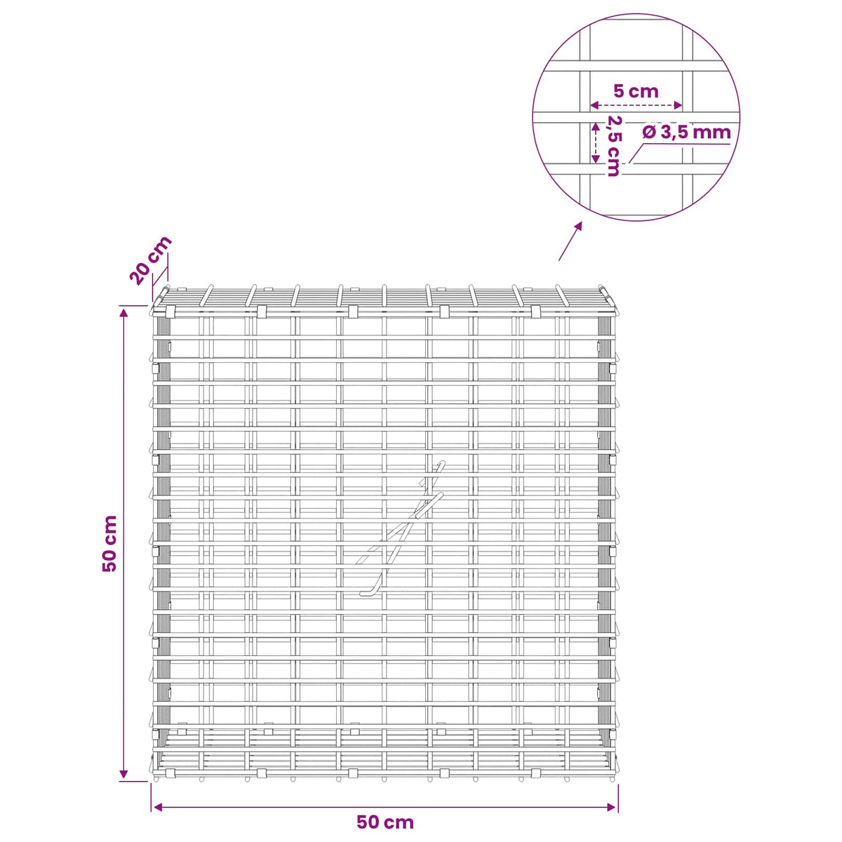 Γκαμπιόν με σύρμα 3,5 χλστ και πλέγμα 5x2,5 εκ 50x20x50 εκ