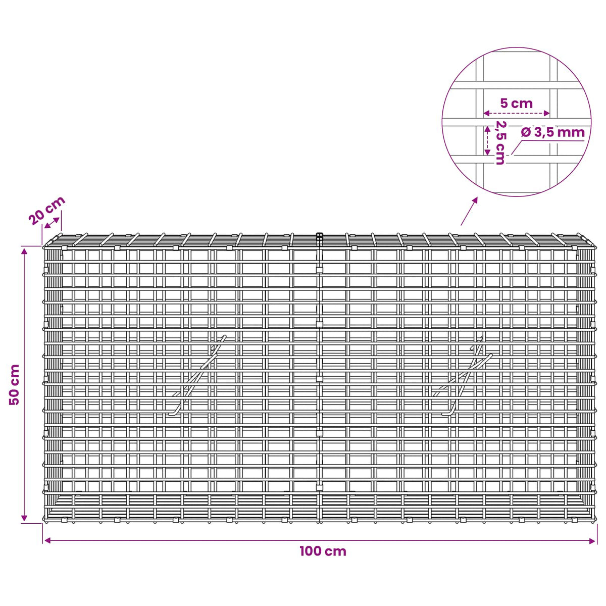 Γκαμπιόν με σύρμα 3,5 χλστ και πλέγμα 5x2,5 εκ 100x20x50 εκ - Pakobazaar