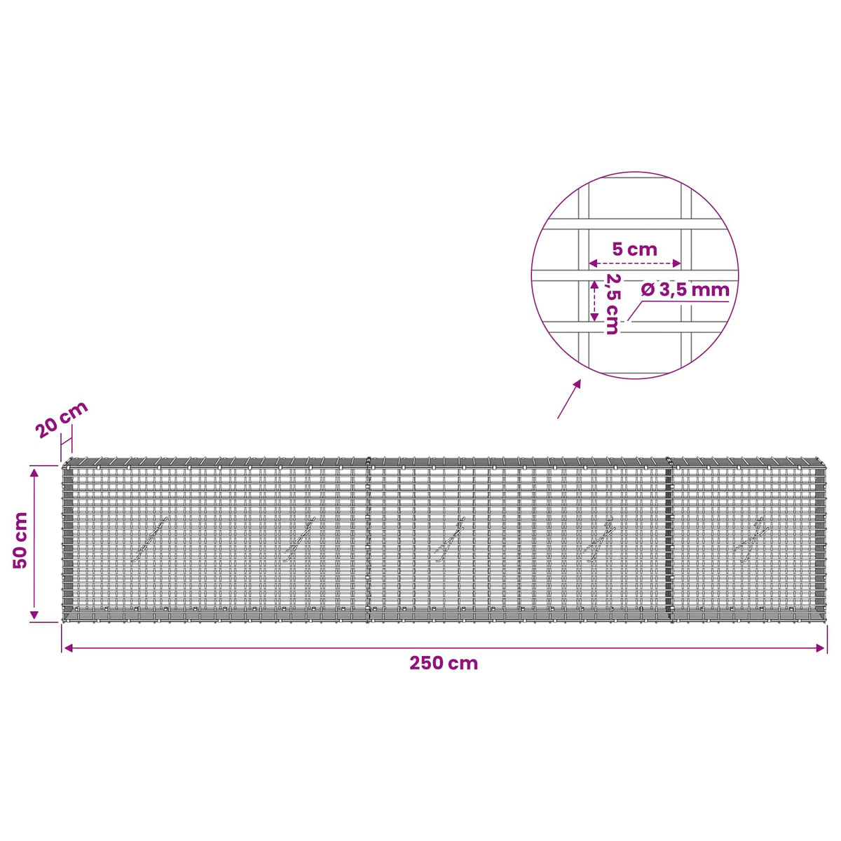 Γκαμπιόν με σύρμα 3,5 χλστ και πλέγμα 5x2,5 εκ 250x20x50 εκ - Pakobazaar