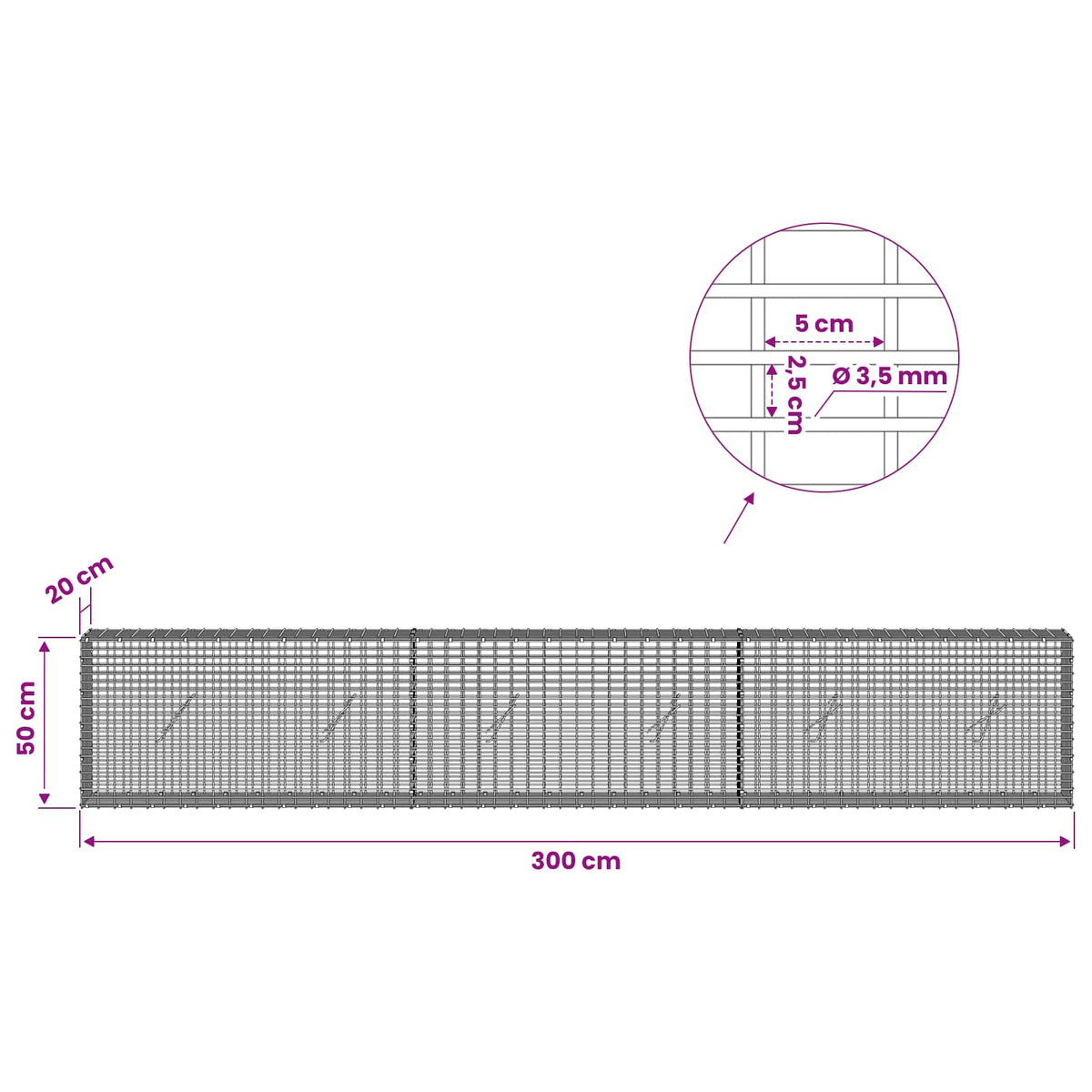 Γκαμπιόν με σύρμα 3,5 χλστ και πλέγμα 5x2,5 εκ 300x20x50 εκ - Pakobazaar