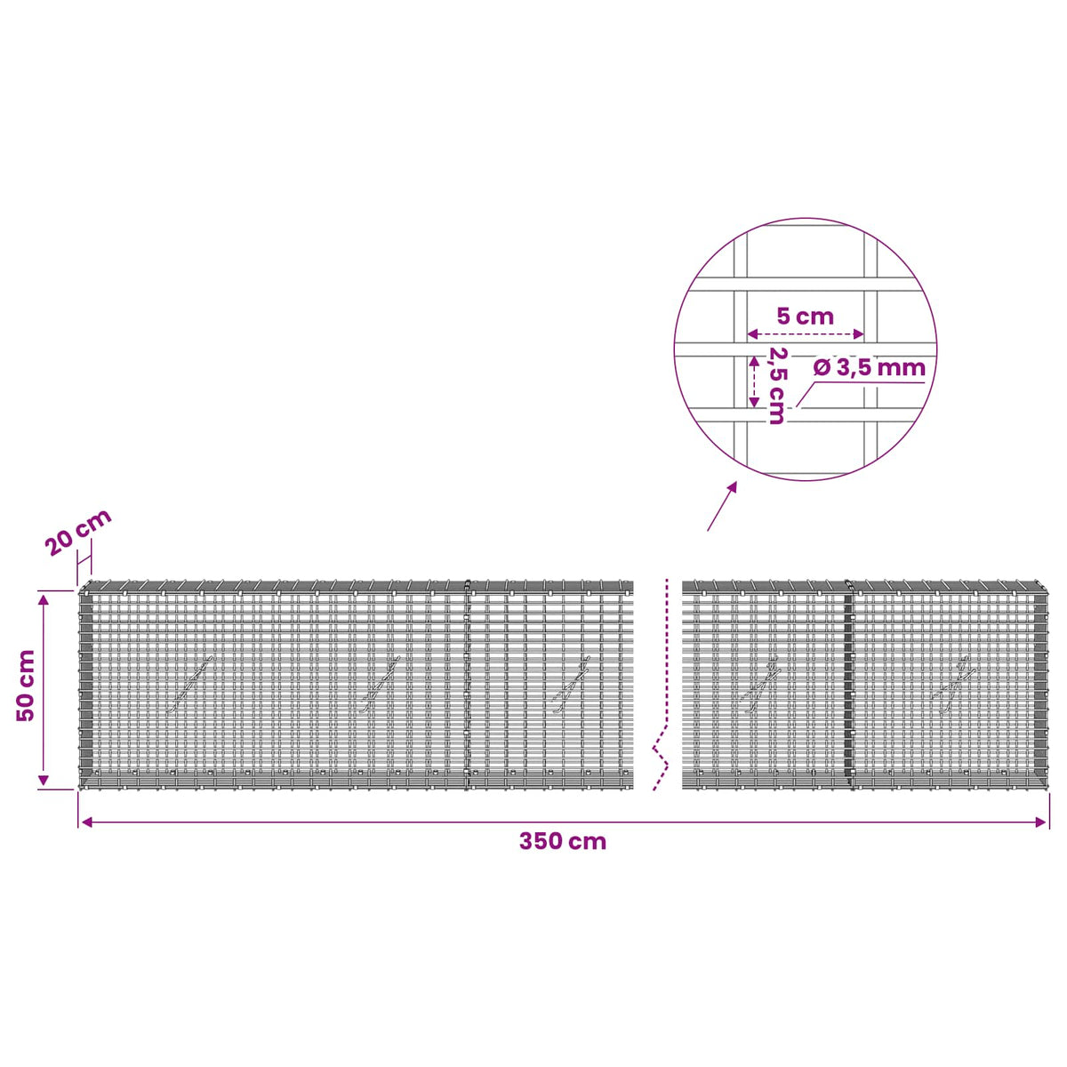 Γκαμπιόν με σύρμα 3,5 χλστ και πλέγμα 5x2,5 εκ 350x20x50 εκ - Pakobazaar