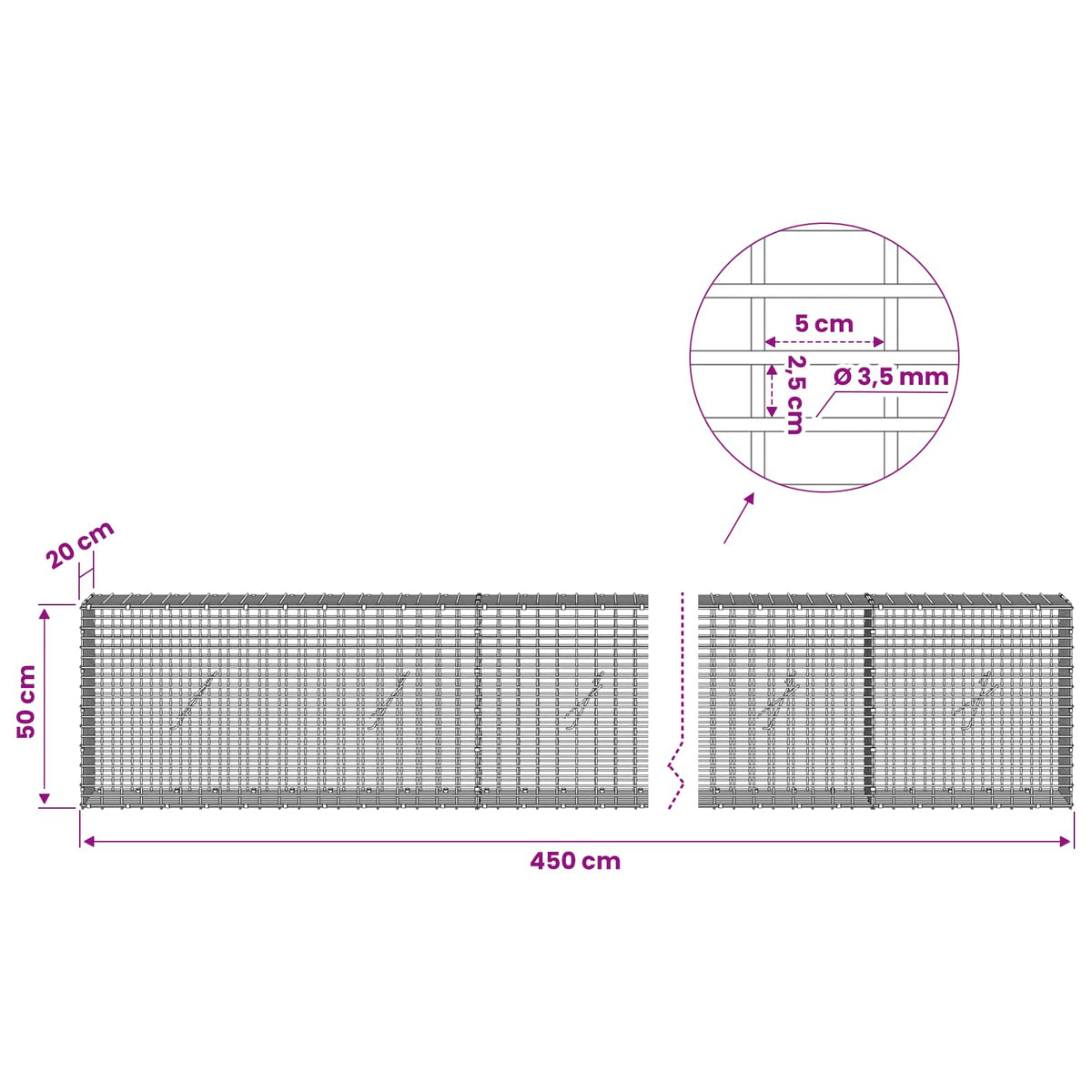 Γκαμπιόν με σύρμα 3,5 χλστ και πλέγμα 5x2,5 εκ 450x20x50 εκ - Pakobazaar
