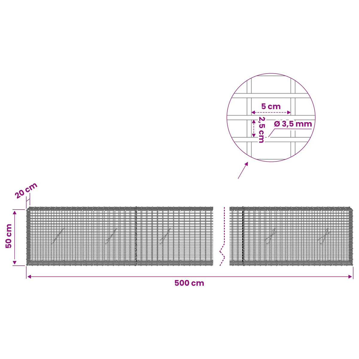 Γκαμπιόν με σύρμα 3,5 χλστ και πλέγμα 5x2,5 εκ 500x20x50 εκ - Pakobazaar