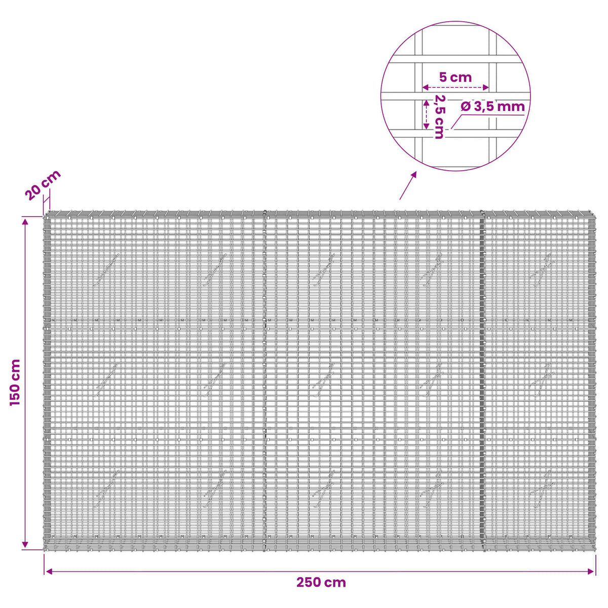 Γκαμπιόν με σύρμα 3,5 χλστ και πλέγμα 5x2,5 εκ 250x20x150 εκ. - Pakobazaar