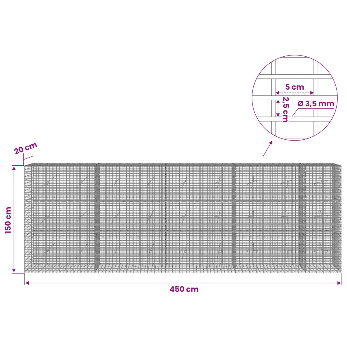 Γκαμπιόν με σύρμα 3,5 χλστ και πλέγμα 5x2,5 εκ 450x20x150 εκ - Pakobazaar