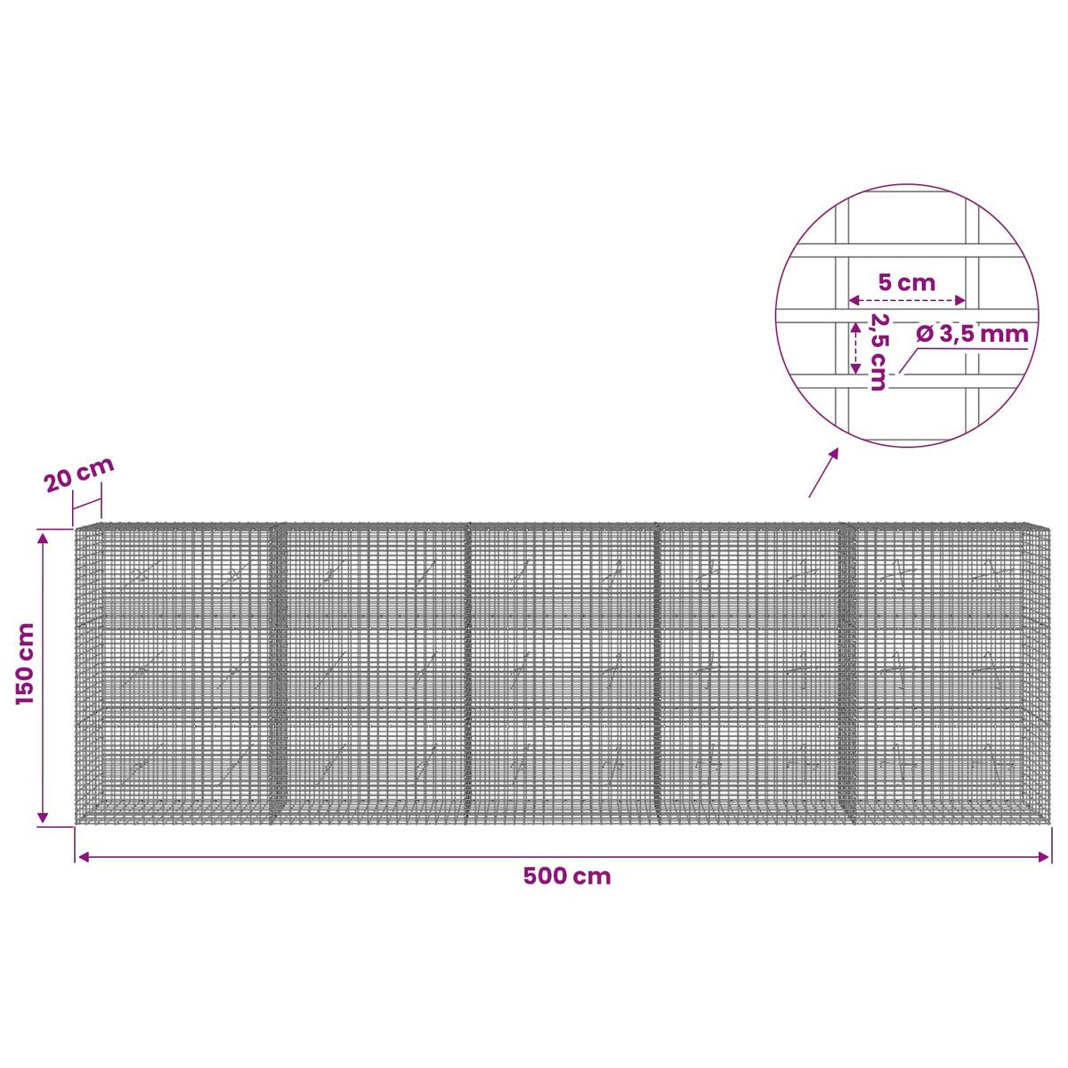 Γκαμπιόν με σύρμα 3,5 χλστ και πλέγμα 5x2,5 εκ 500x20x150 εκ - Pakobazaar