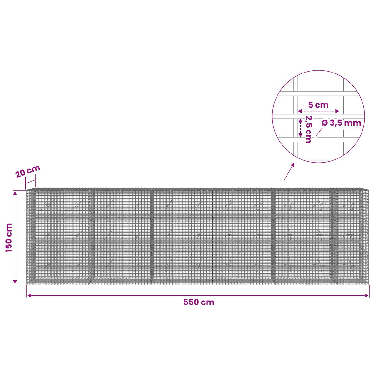 Γκαμπιόν με σύρμα 3,5 χλστ και πλέγμα 5x2,5 εκ 550x20x150 εκ