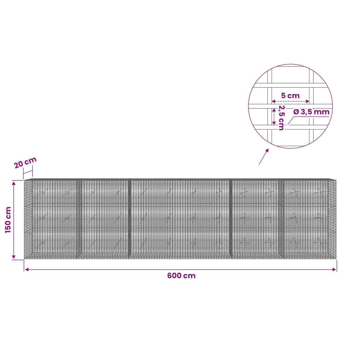 Γκαμπιόν με σύρμα 3,5 χλστ και πλέγμα 5x2,5 εκ 600x20x150 εκ - Pakobazaar