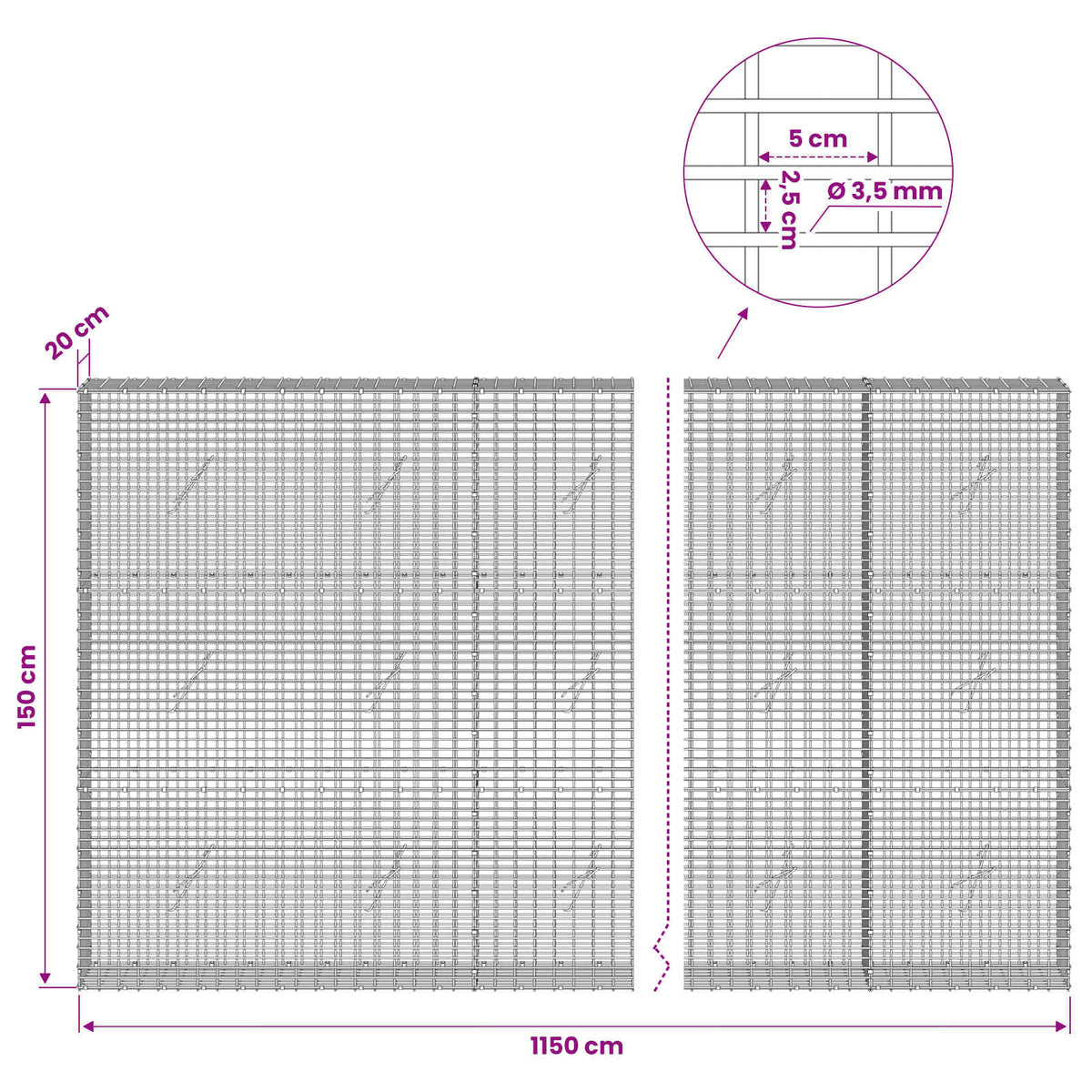 Γκαμπιόν με σύρμα 3,5 χλστ και πλέγμα 5x2,5 εκ 1150x20x150 εκ - Pakobazaar