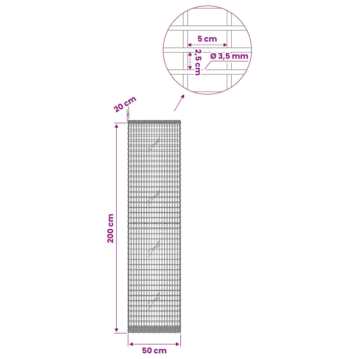 Γκαμπιόν με σύρμα 3,5 χλστ και πλέγμα 5x2,5 εκ 50x20x200 εκ - Pakobazaar