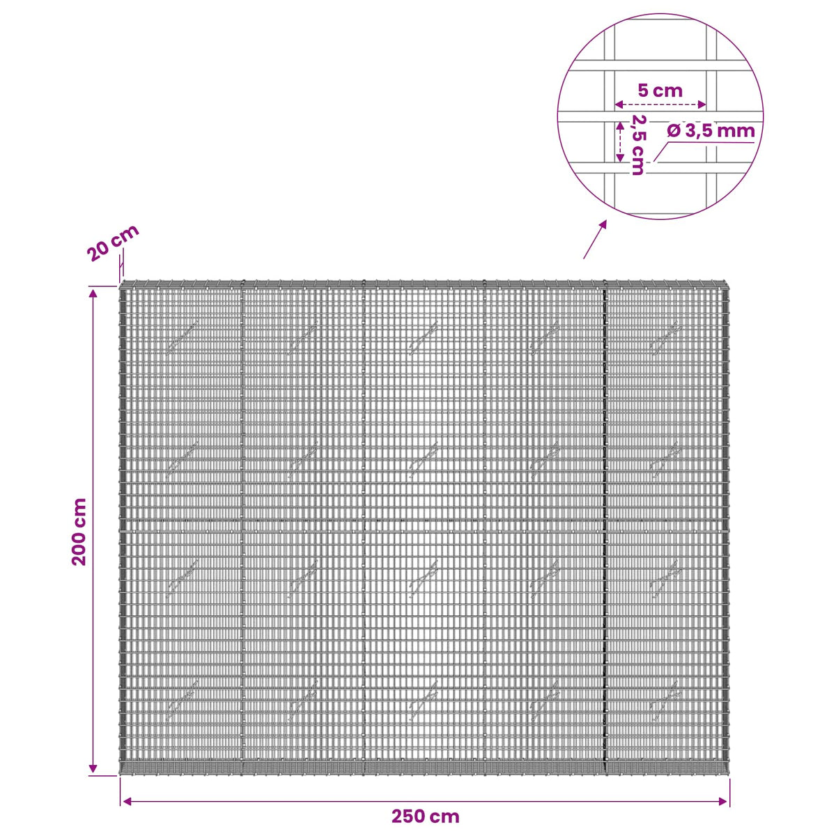 Γκαμπιόν με σύρμα 3,5 χλστ και πλέγμα 5x2,5 εκ 250x20x200 εκ. - Pakobazaar
