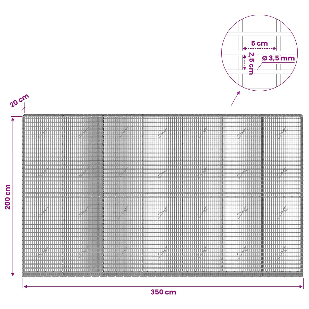 Γκαμπιόν με σύρμα 3,5 χλστ και πλέγμα 5x2,5 εκ 350x20x200 εκ.