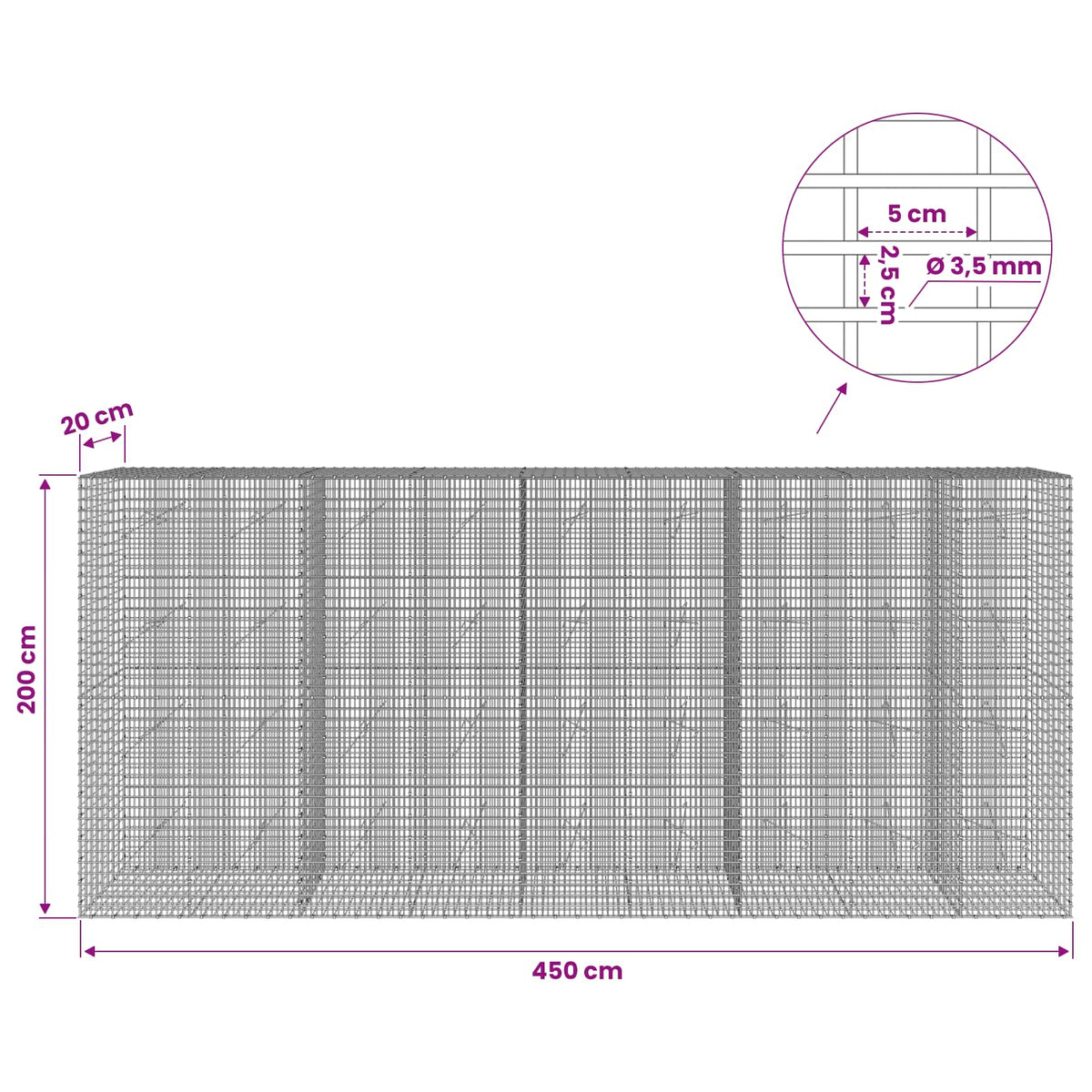 Γκαμπιόν με σύρμα 3,5 χλστ και πλέγμα 5x2,5 εκ 450x20x200 εκ