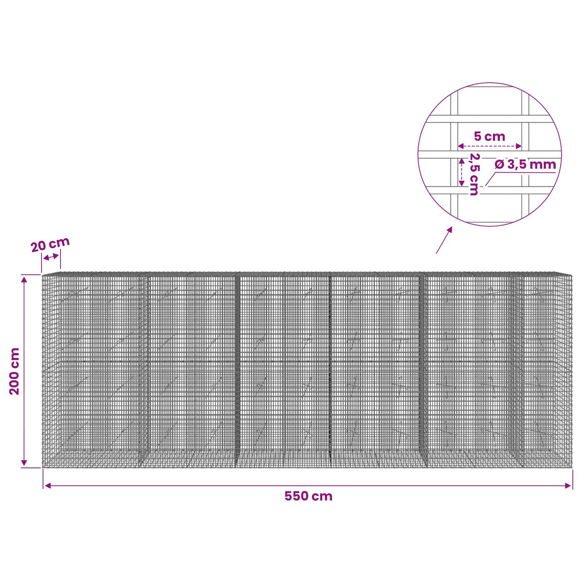 Γκαμπιόν με σύρμα 3,5 χλστ και πλέγμα 5x2,5 εκ 550x20x200 εκ - Pakobazaar